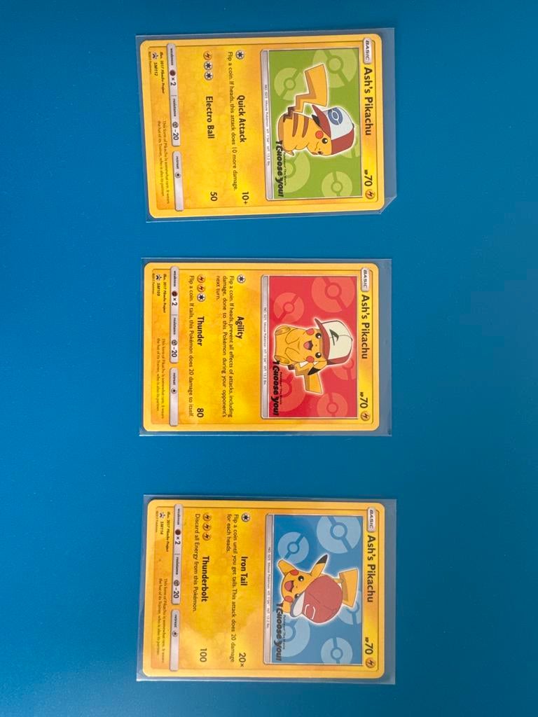 Ash's Pikachu Pokemon Kaarten - Set van 3, Ophalen of Verzenden, Gebruikt, Meerdere kaarten