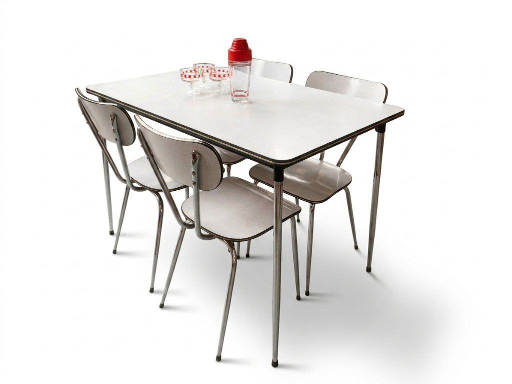 Eettafel met 4 stoelen formica - vintage retro tafel stoel, Ophalen, Gebruikt, Overige houtsoorten, 100 tot 150 cm