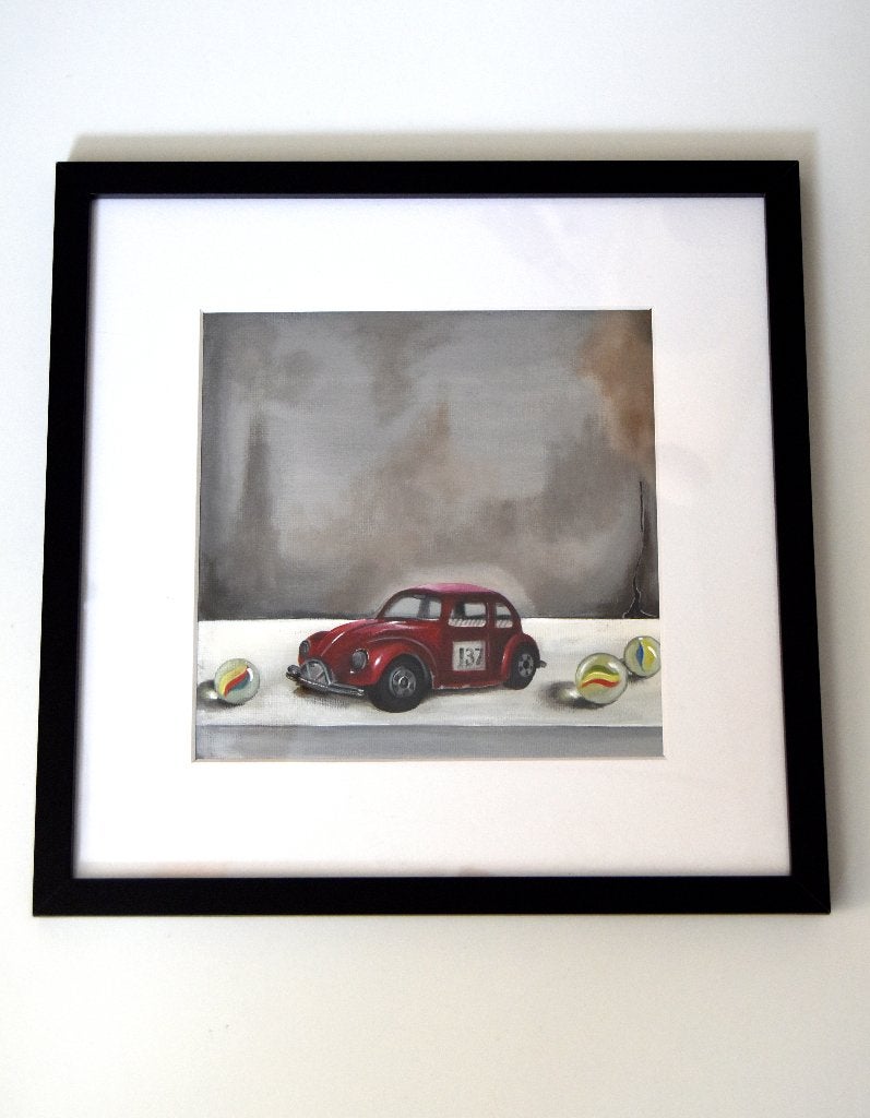 Matchbox VW Kever, geschilderd op doek in een mooie lijst, Antiek en Kunst, Voertuigen, Acrylverf, Gelimiteerde oplage, Ophalen of Verzenden