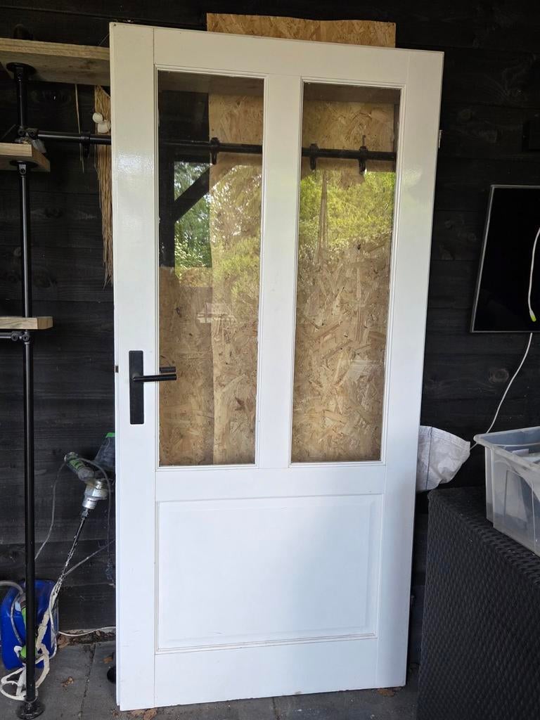 Witte binnendeur met glaspanelen en zwart beslag, Gebruikt, 80 tot 100 cm, Binnendeur, Ophalen of Verzenden