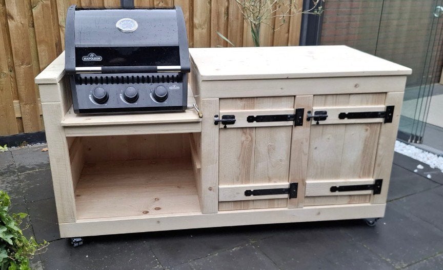 Steigerhouten buitenkeuken voor bv grandhall, Ophalen, Nieuw, Houtskool
