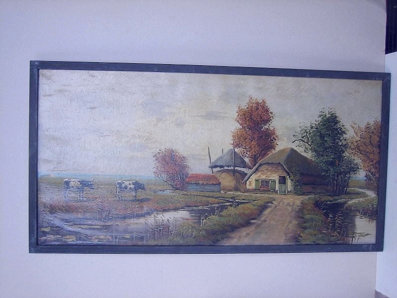 Schilderij met Boerderij Hooiberg en 2 koeien, Antiek en Kunst, Kunst | Schilderijen | Klassiek, Ophalen of Verzenden