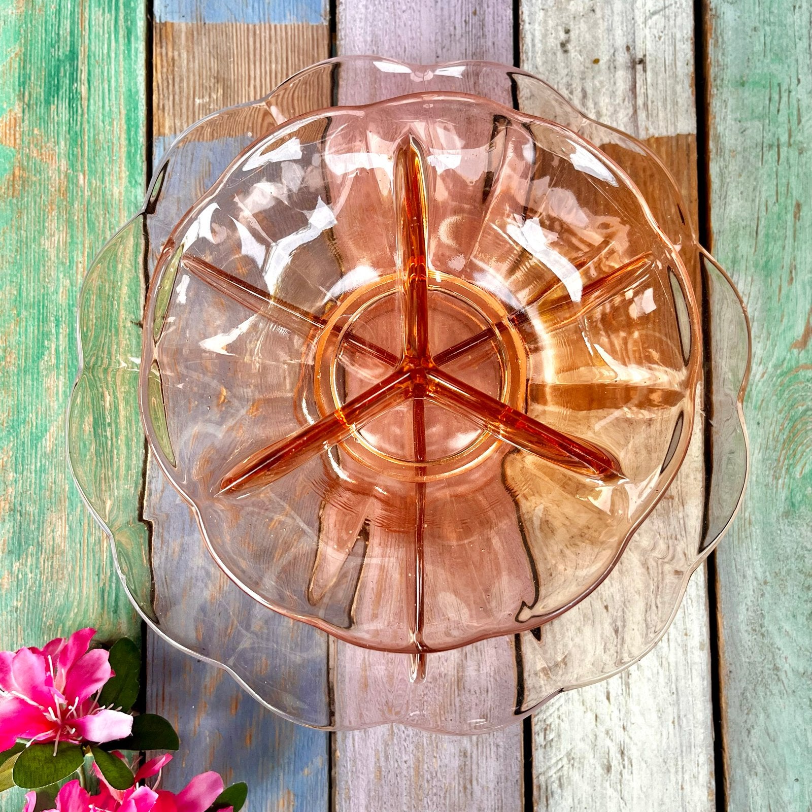 Roze persglas vakkenschalen vinatge roze glas schalen, Gebruikt, Vintage, Ophalen of Verzenden, Glas