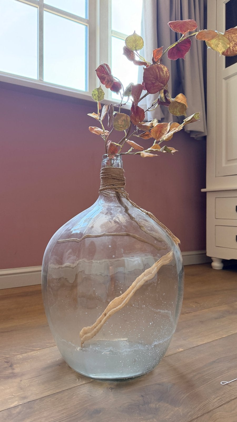 Grote glazen vaas met touwdecoratie, Ophalen, Gebruikt, Glas, Transparant