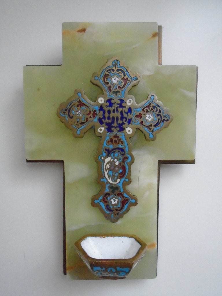 Wijwaterbakje email cloisonne, Verzamelen, Ophalen of Verzenden, Gebruikt, Overige typen, Christendom | Katholiek