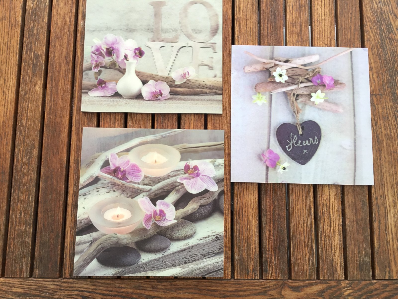 Set van 3 3D schilderijen - Orchideeën en 'Love' thema, Minder dan 50 cm, Ophalen of Verzenden, Zo goed als nieuw, Schilderij