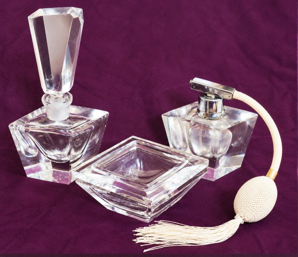 Vintage kristallen parfumset – 3-delig met verstuiver & balg, Antiek en Kunst, Ophalen of Verzenden