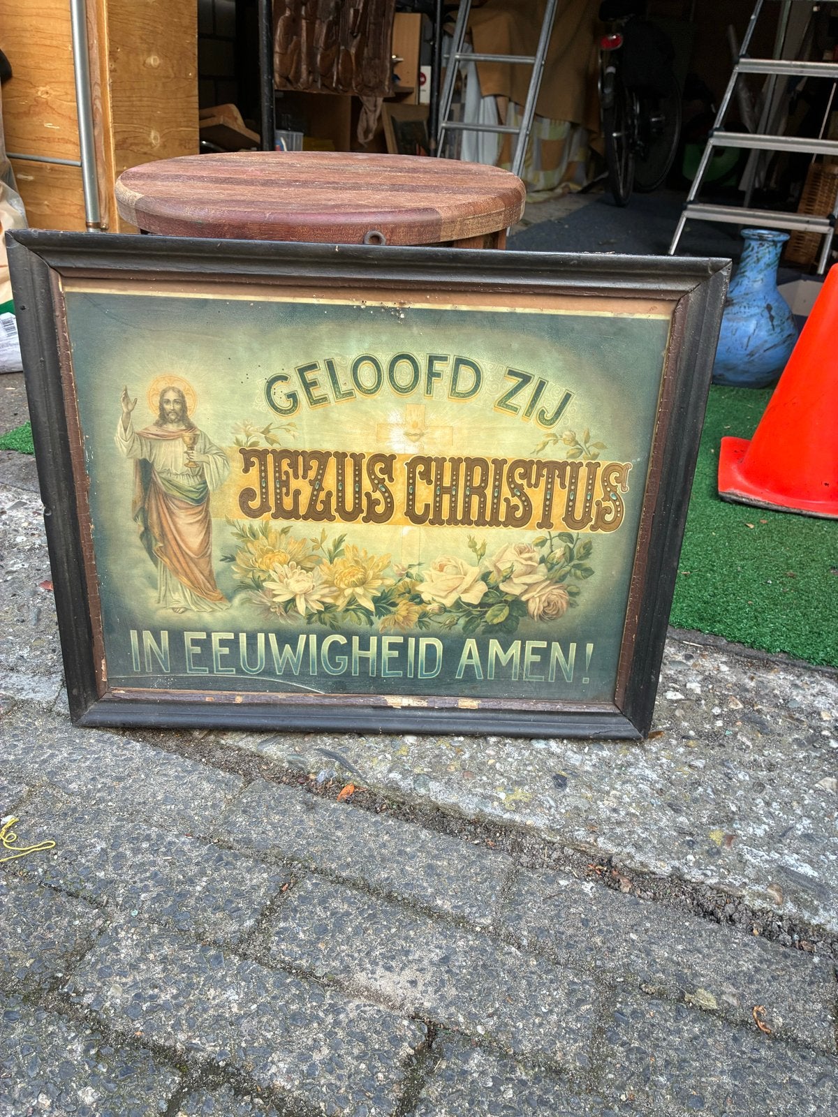 Antieke religieuze prent: Geloofd zij Jezus Christus, Ophalen