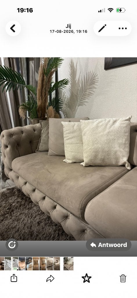 Bank taupe velours zgan, Ophalen, Gebruikt, 75 tot 100 cm, Stof