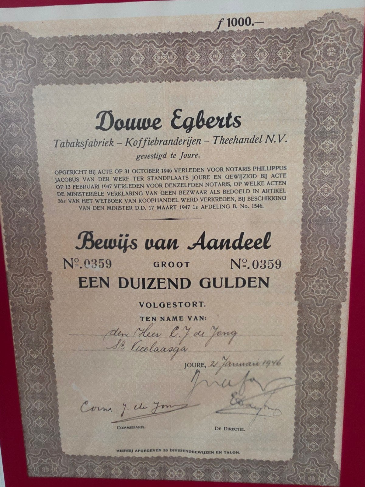 Douwe Egberts Bewijs van Aandeel 1946, Ophalen of Verzenden, Aandeel