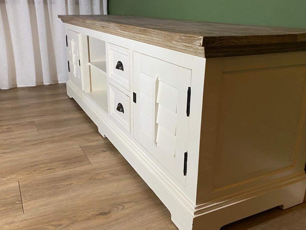 Landelijk TV-meubel met houten blad en opbergruimte, Ophalen, Gebruikt, Landelijk, 200 cm of meer