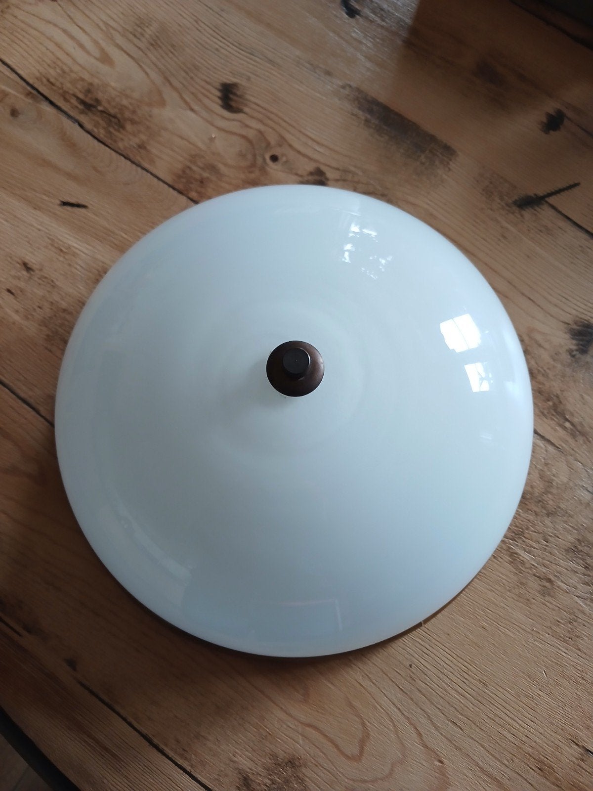 Vintage Plafondlamp met Houten Rand  glazenKap, Gebruikt, Vintage, Wit, Glas