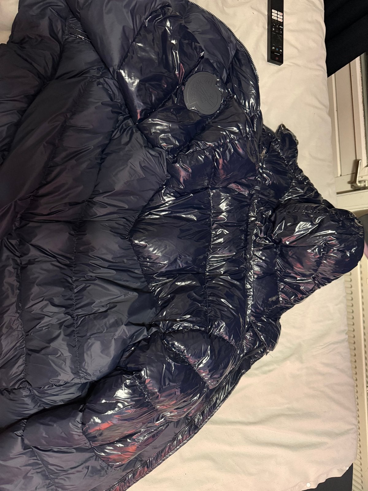 Moncler Maya Glanzend Donkerblauwe Donsjas Maat L, Kleding | Heren, Jassen | Winter, Ophalen of Verzenden, Zo goed als nieuw, Maat 52/54 (L)