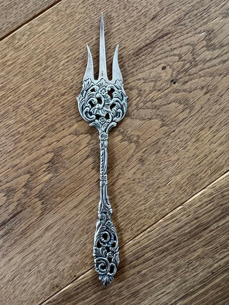 Antieke Gero verzilverd cakevork met sierlijk decor 17cm, Ophalen of Verzenden