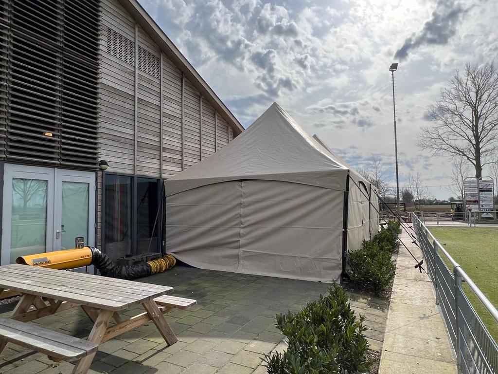 Pagodetent 5x5m cappuccino met zwarte profielen (5 stuks), Tuin en Terras, Partytenten, Gebruikt, Pagodetent, 2 meter of meer