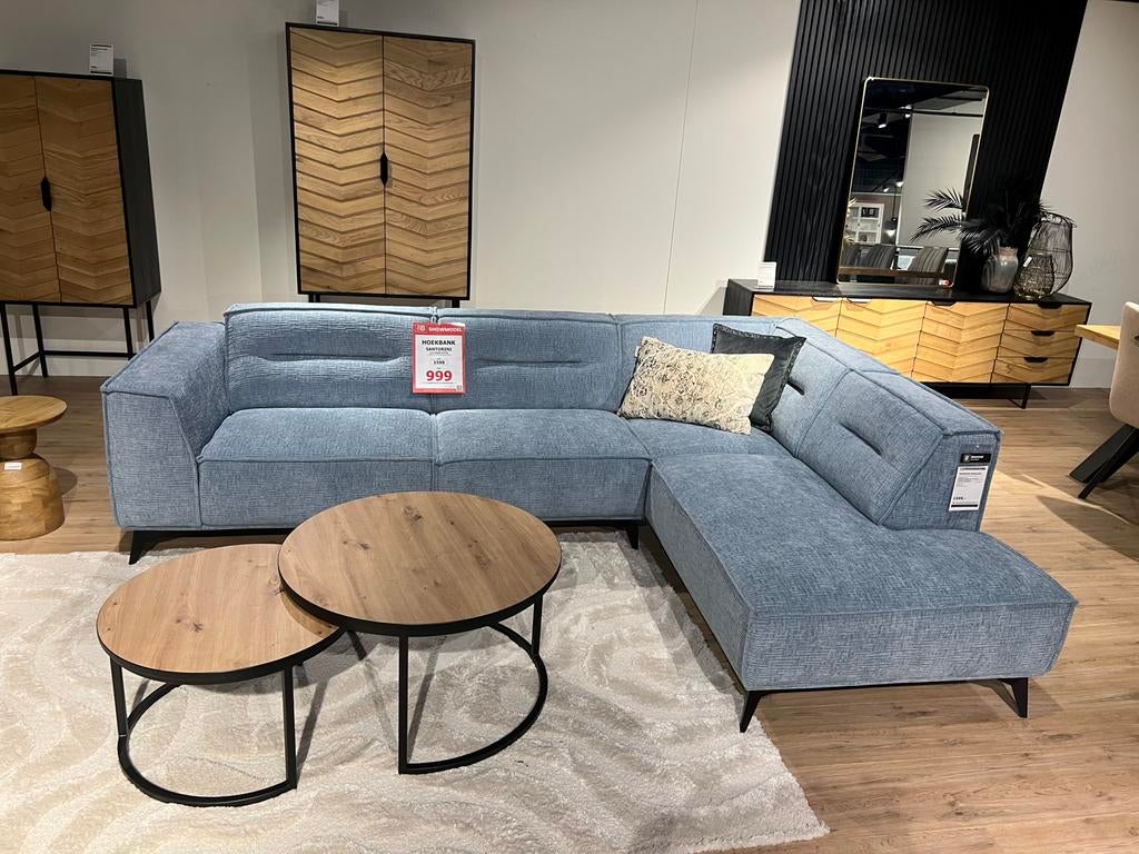 Uitverkoop hoekbank Santorini lichtblauw, Huis en Inrichting, Banken | Complete zithoeken, Zo goed als nieuw, Stof, Ophalen