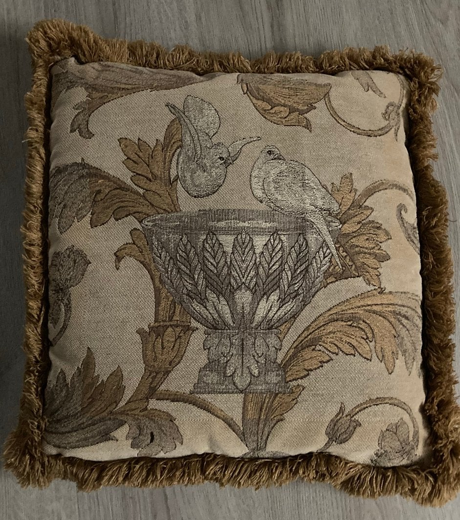 Vintage sierkussen met franjes en vogelprint okergeel, Ophalen, Overige merken, Gebruikt, Meerkleurig