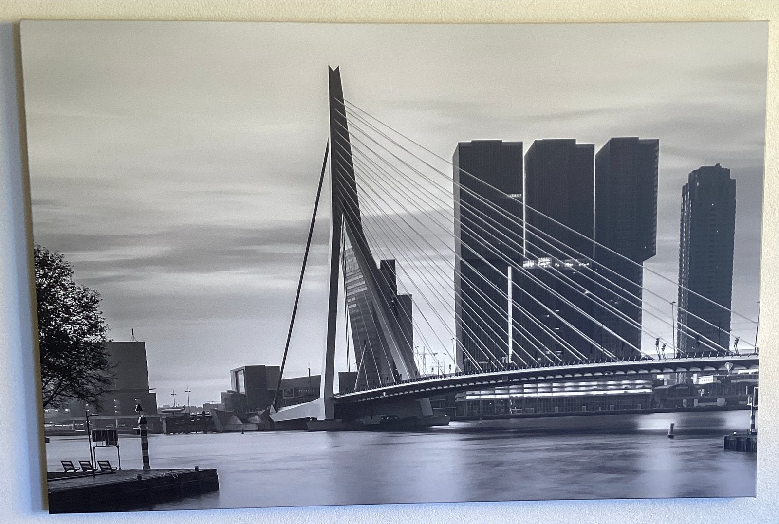 Canvas Rotterdam Erasmusbrug 100x150 cm Zwart-Wit, Ophalen, 125 cm of meer, 75 cm of meer, Print