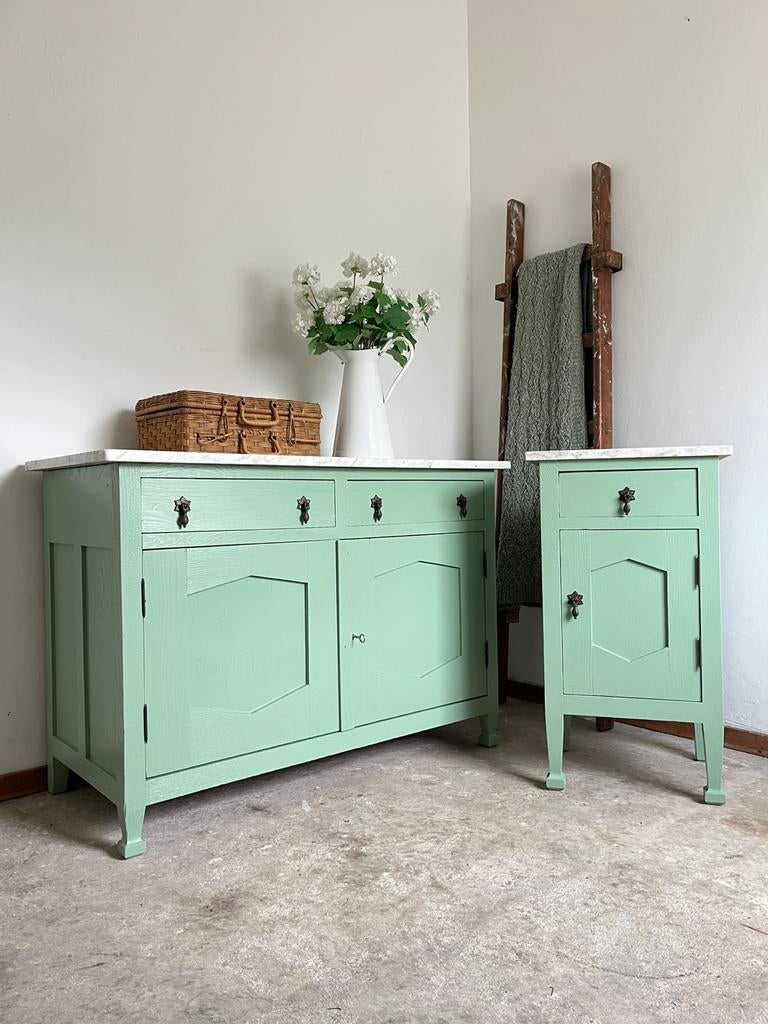 Wasmeubel nachtkastje marmeren blad vintage commode, Huis en Inrichting, Kasten | Dressoirs, Ophalen, Gebruikt, Eikenhout, Nvt