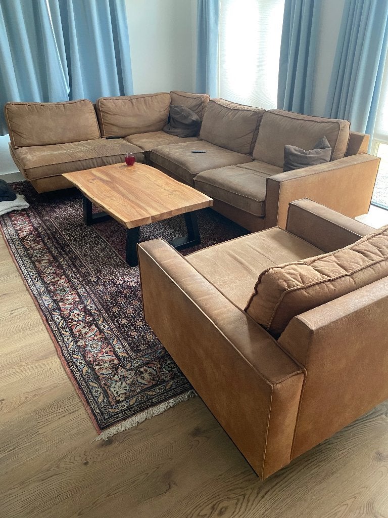 Bankstel cognac, Huis en Inrichting, Banken | Bankstellen, Ophalen, 250 tot 300 cm, Gebruikt, Hoekbank