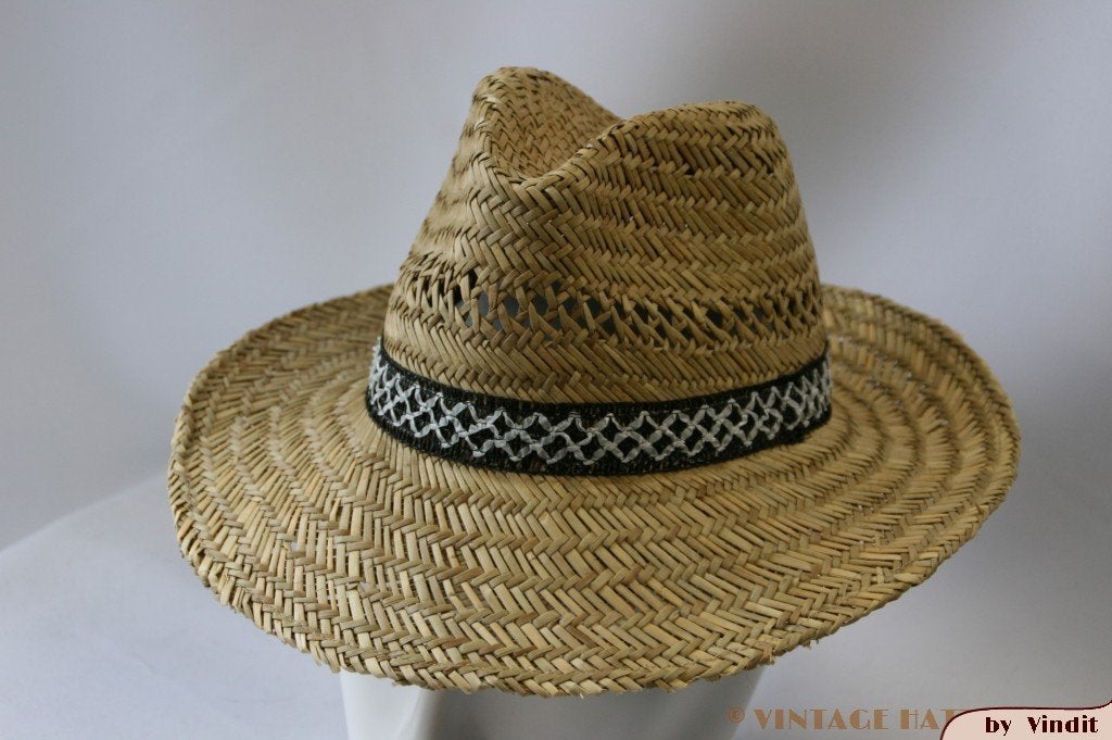 Vintage Gleufhoed stro met witte kruisjes band 55 = S tot XS, Ophalen of Verzenden, Gedragen, 55 cm (S, 6⅞ inch) of minder, Hoed