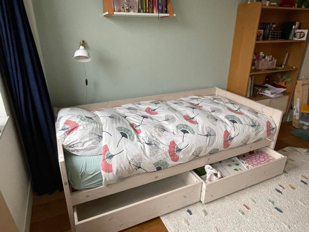 LifeTime Kidsroom bed whitewash met 2 lades (90x200), Ophalen, 90 cm, Eenpersoons, Wit