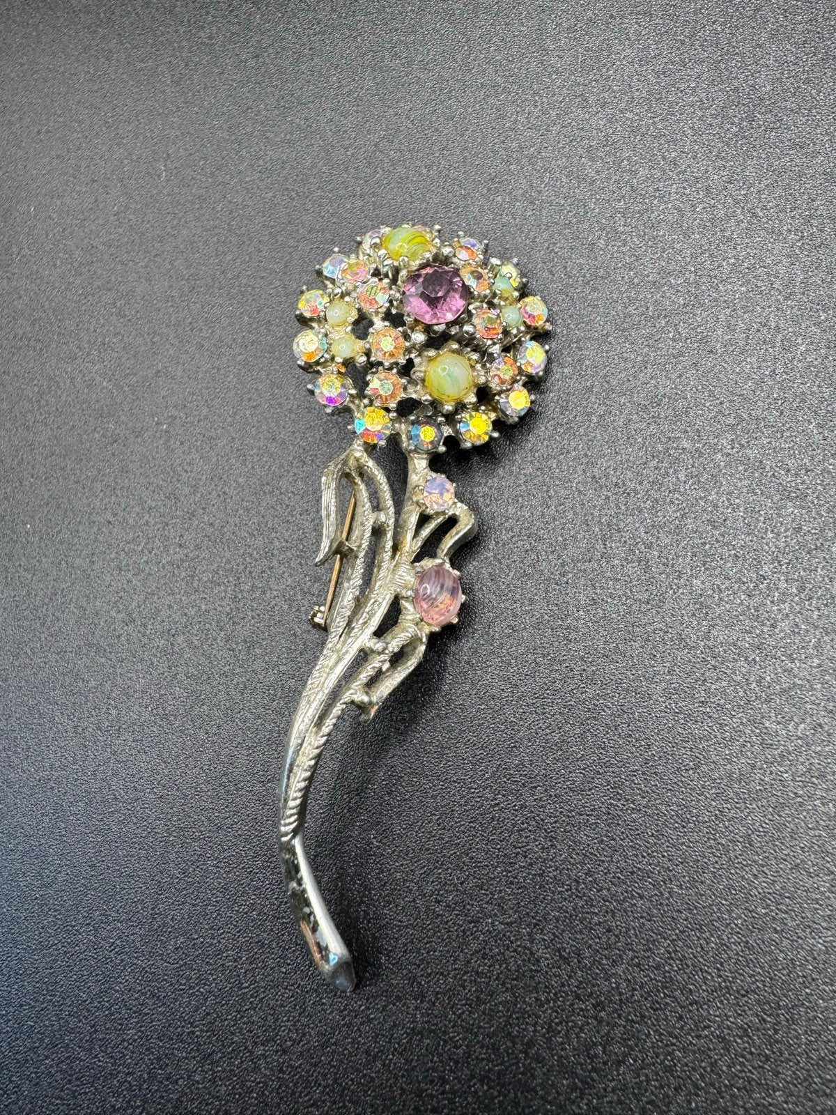 Vintage Broche Bloem met Gekleurde Strass Steentjes, Overige materialen, Gebruikt, Verzenden, Zilver