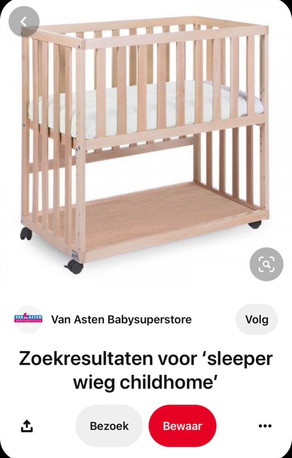 Childhome Sleeper wieg / co-sleeper op wieltjes – hout, Kinderen en Baby's, Ophalen, Gebruikt, Wieg