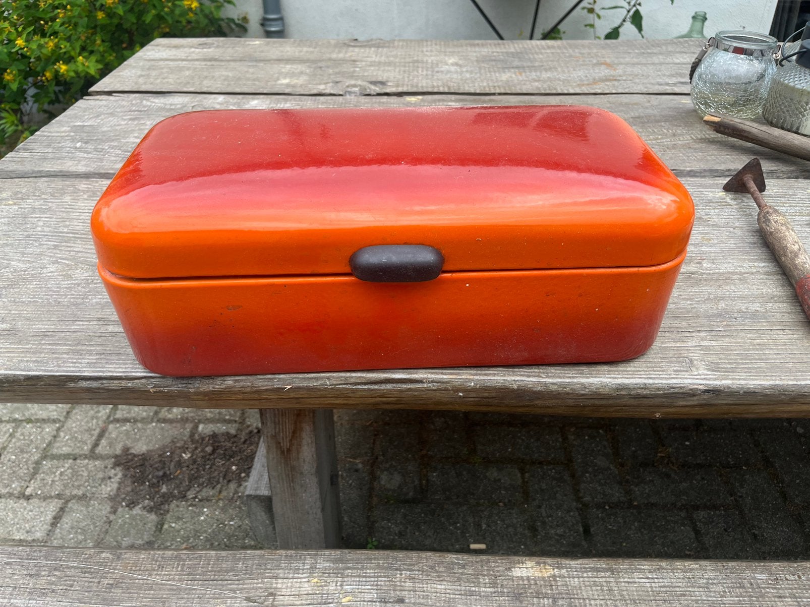 Oranje emaille broodtrommel vintage retro midcentury 19,50, Ophalen of Verzenden