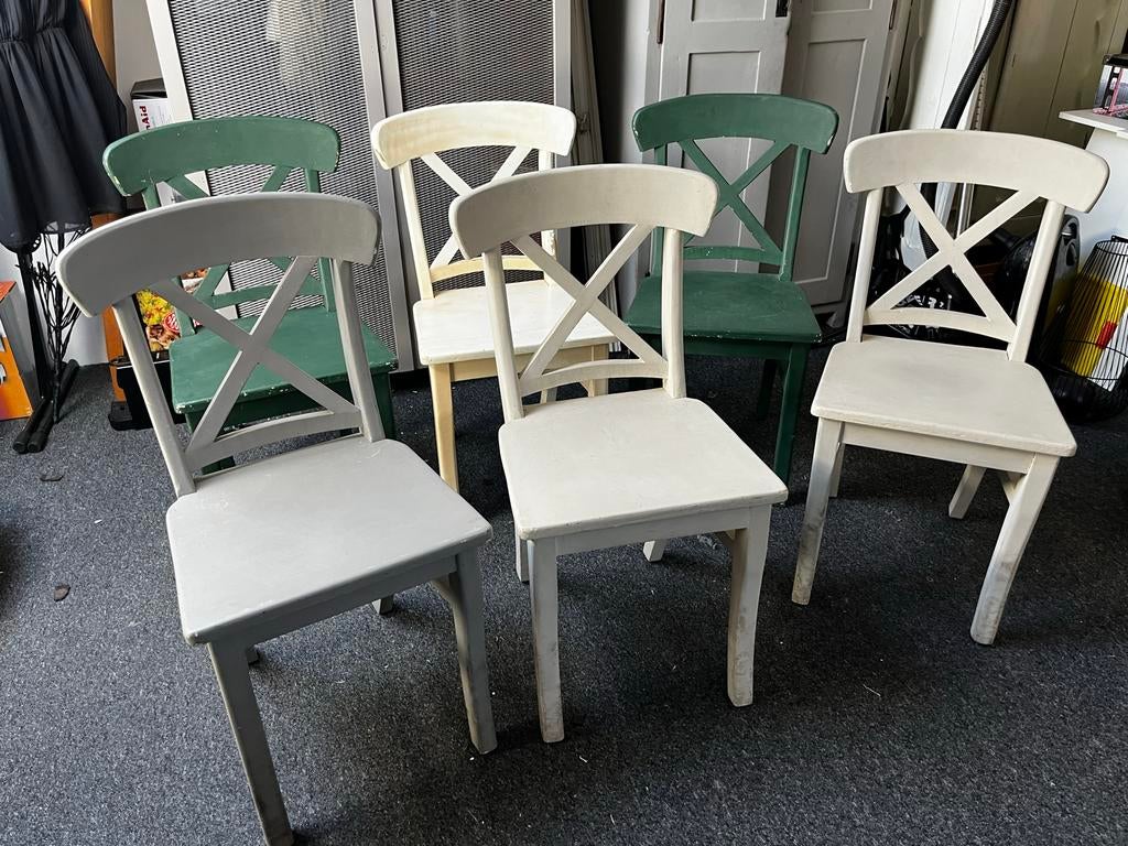 6 Houten stoelen, geverfd met Annie Sloan verf, Ophalen, Gebruikt, Overige kleuren, Vijf, Zes of meer stoelen