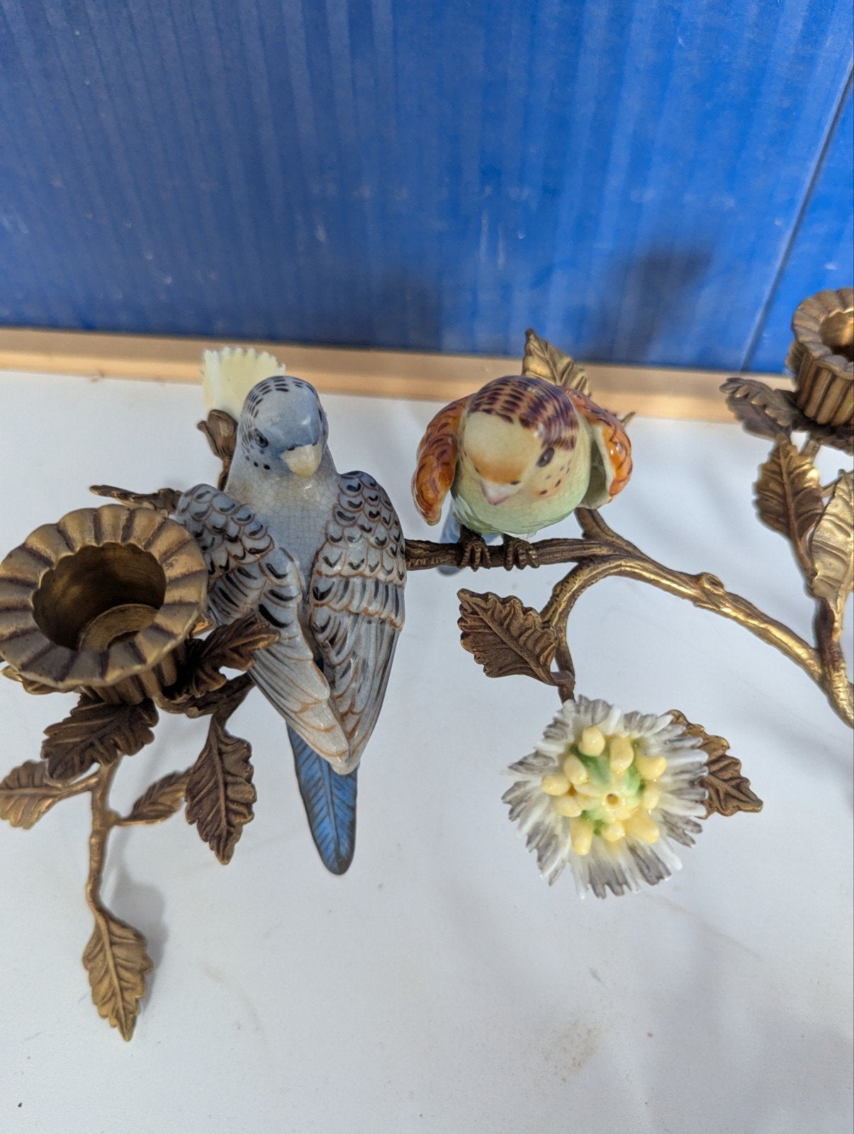 bronzen tafel kandelaars met vogels en bloemen, Ophalen of Verzenden, Koper of Brons