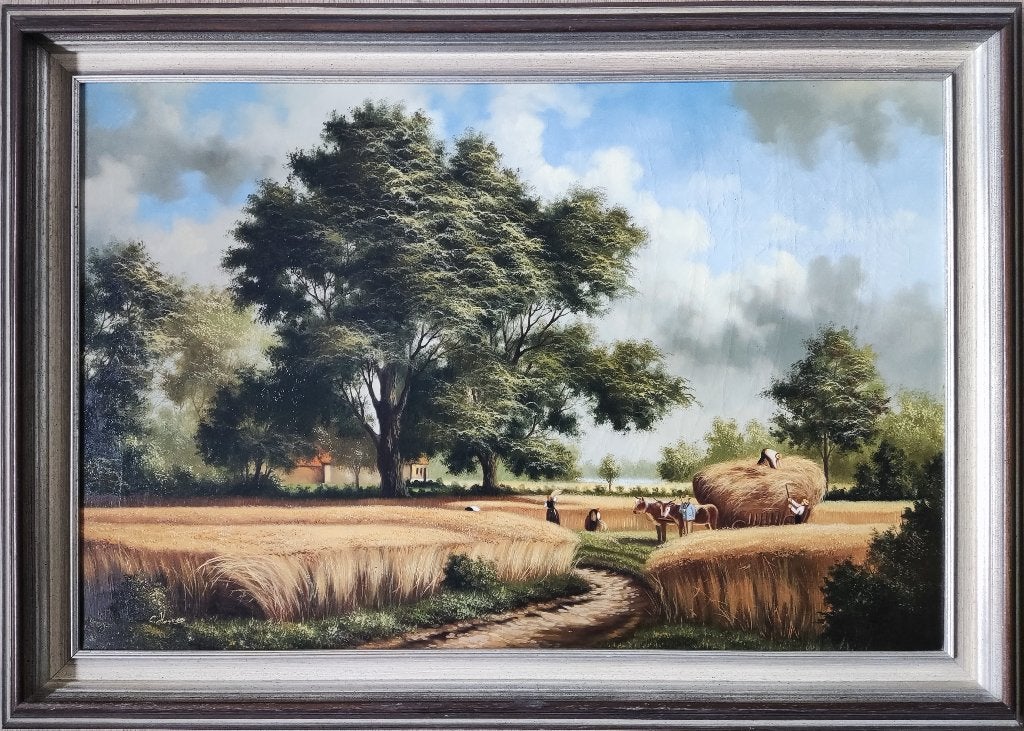Hollandse School (XX) C. Hosman - Landschap met hooiwagen, Antiek en Kunst, Doek, Ophalen of Verzenden, Landschap, Olieverf