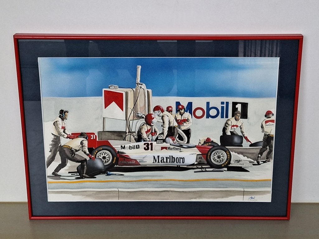 aquarel Aad van Koningshoven Indy-Car Marlboro Mobil 51x71cm, Verzamelen, Automerken, Motoren en Formule 1, Ophalen, Zo goed als nieuw