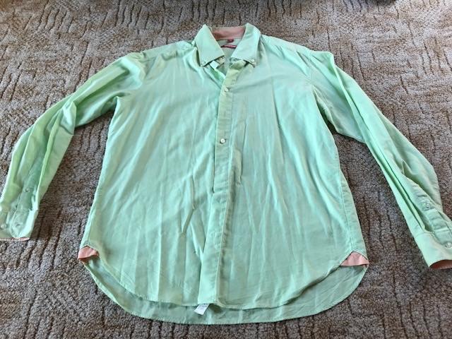 Heren overhemd groen, maat xl 43/44 met oranje binnenkraa, Ophalen of Verzenden, Gedragen, Groen, Halswijdte 43/44 (XL)