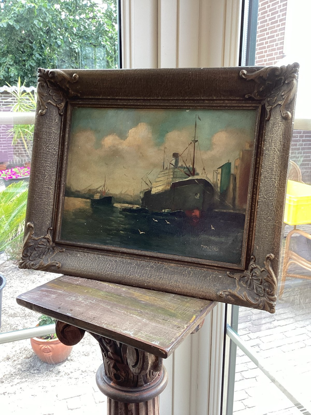 Antiek schilderij met maritiem tafereel in sierlijke lijst, Ophalen, Maritiem / water, Doek, Bijzondere lijst