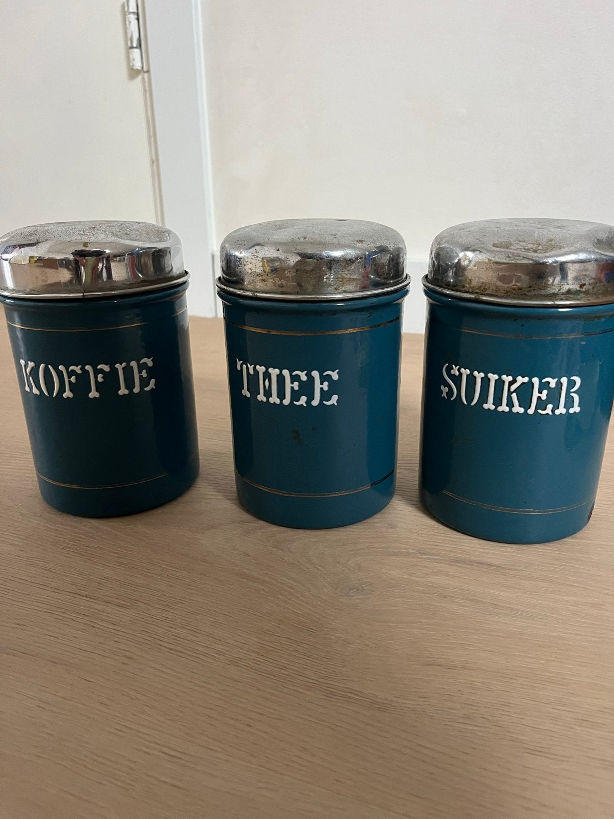 Vintage Emaille Voorraadpotten: Koffie, Thee, Suiker, Ophalen