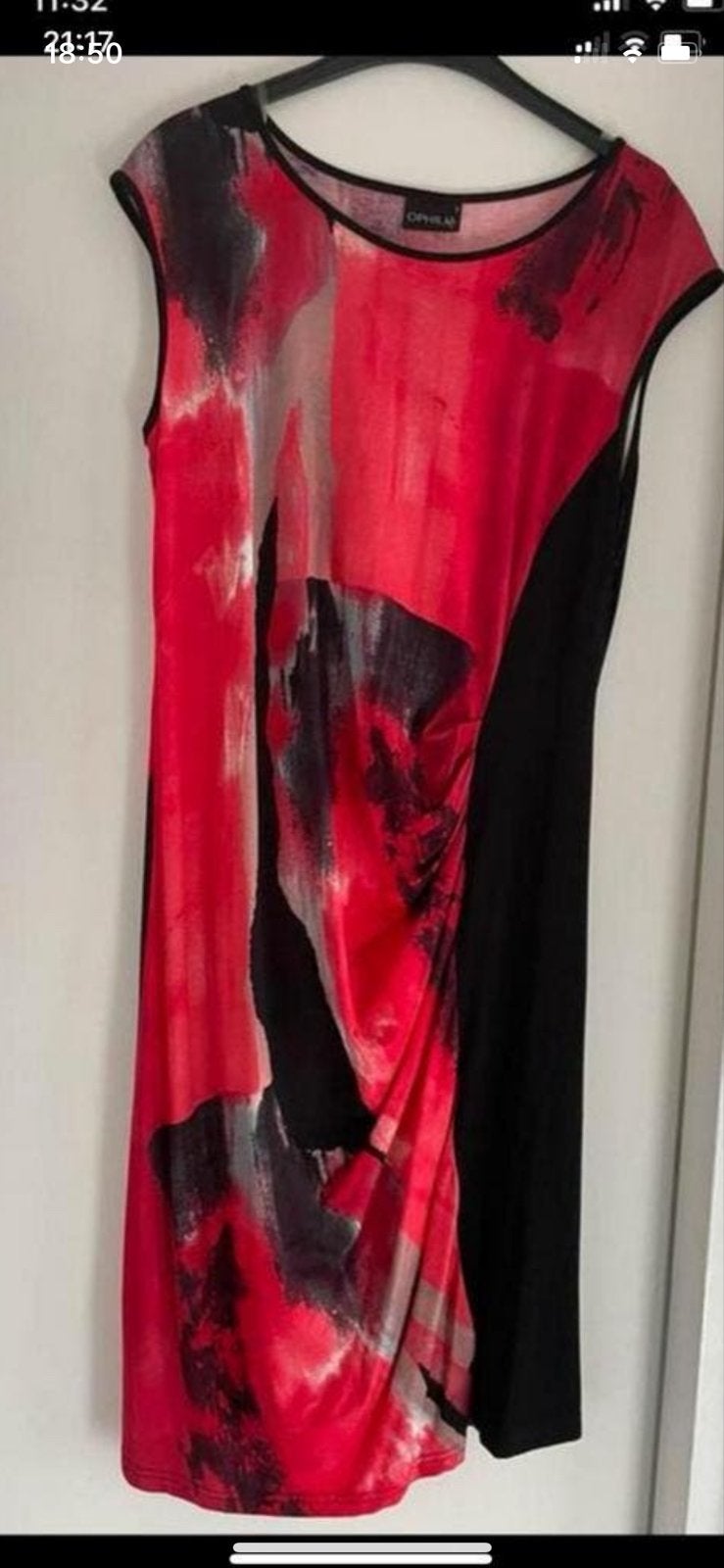 Ophelia rode jurk met abstracte print - Maat een, Nieuw, Knielengte, Rood, Ophalen