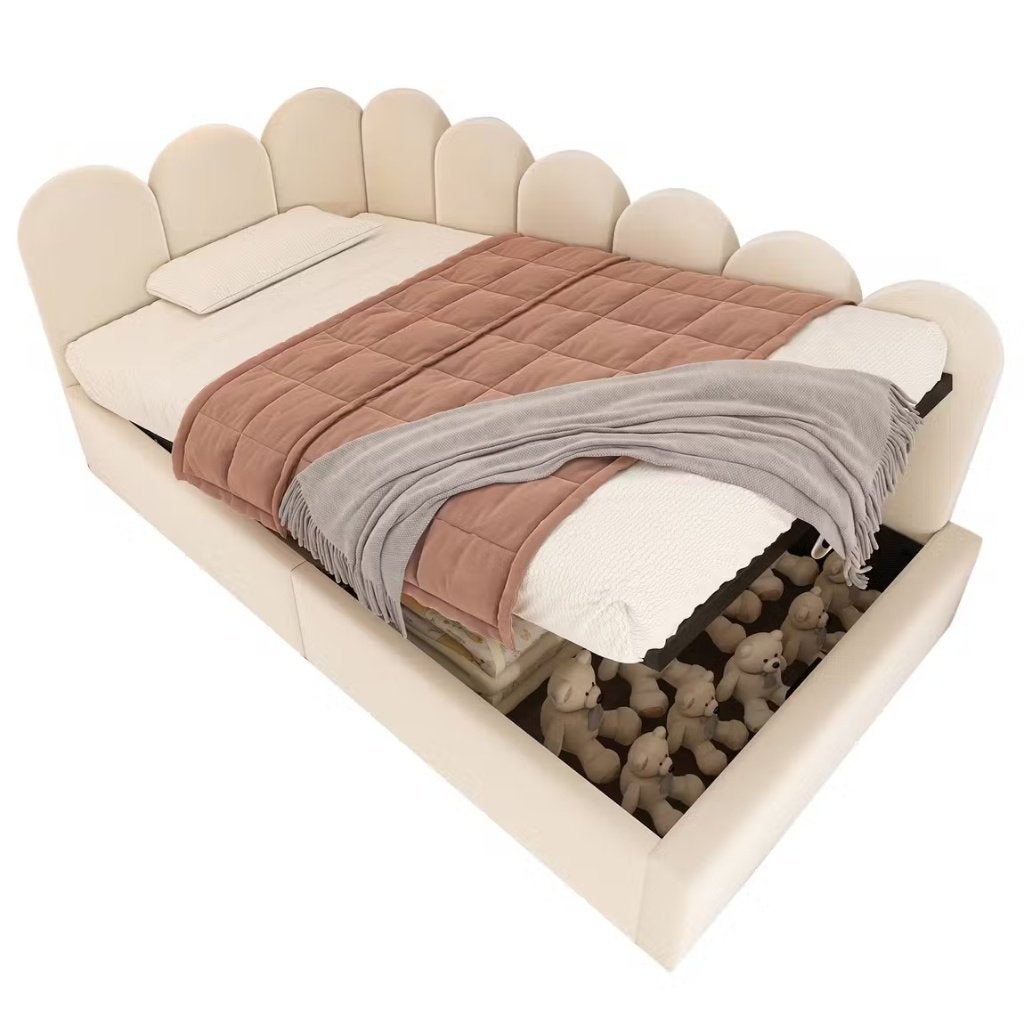Eenpersoonsbed (kind) met opbergruimte - beige fluweel, Ophalen, 85 tot 100 cm, Nieuw, Lattenbodem