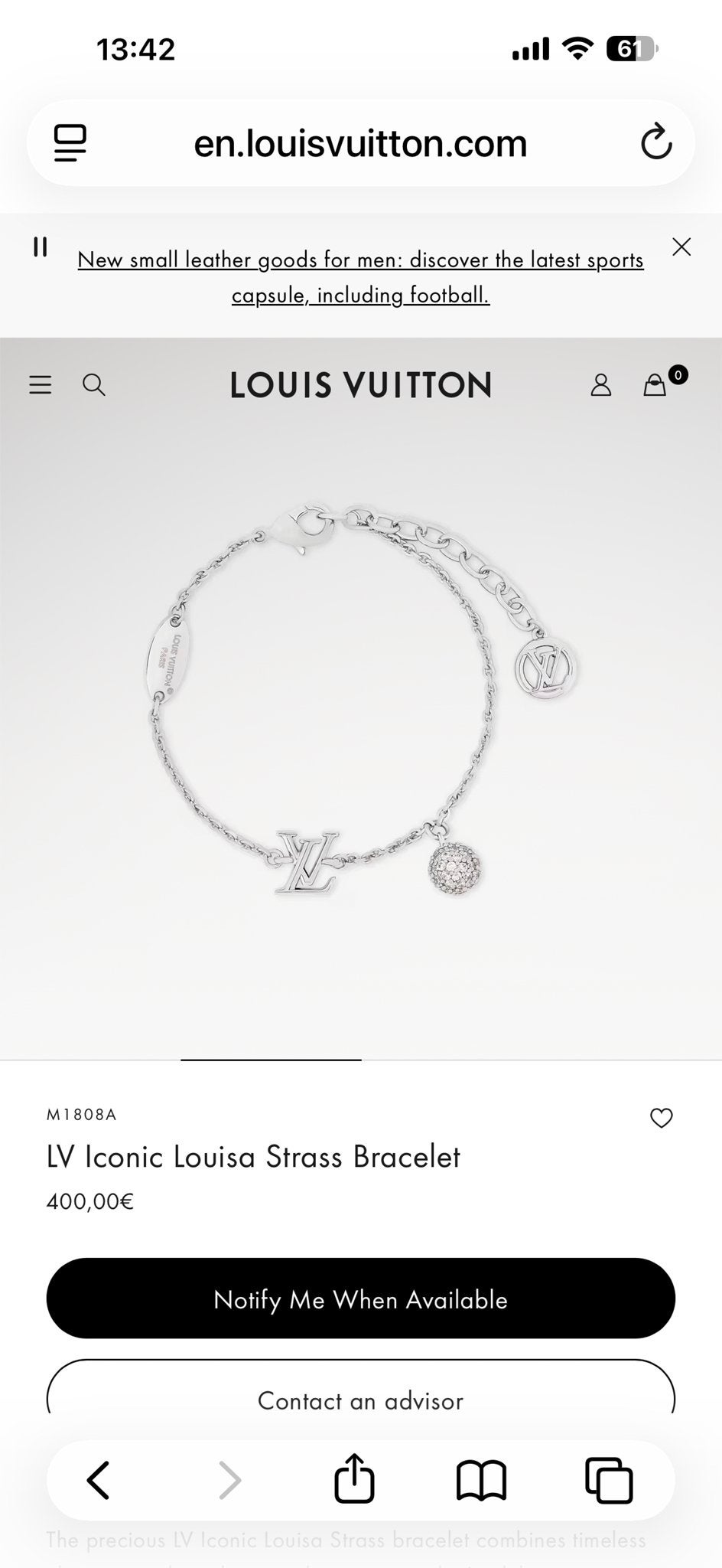 Louis Vuitton LV Iconic Louisa Strass Armband Zilver, Overige materialen, Ophalen of Verzenden, Zo goed als nieuw, Zilver