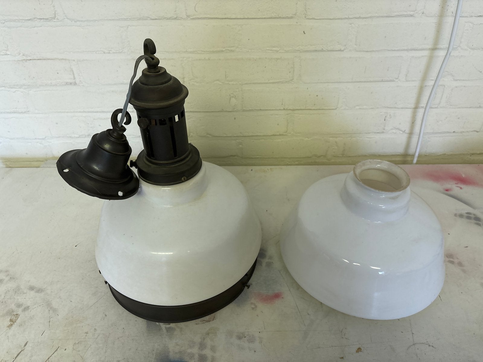 Vintage industriële emaille hanglamp met extra kap, Ophalen of Verzenden