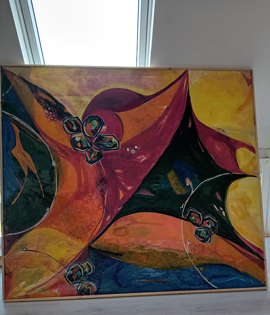 Abstract kleurenrijk schilderij 130 x 140 cm, Ophalen of Verzenden