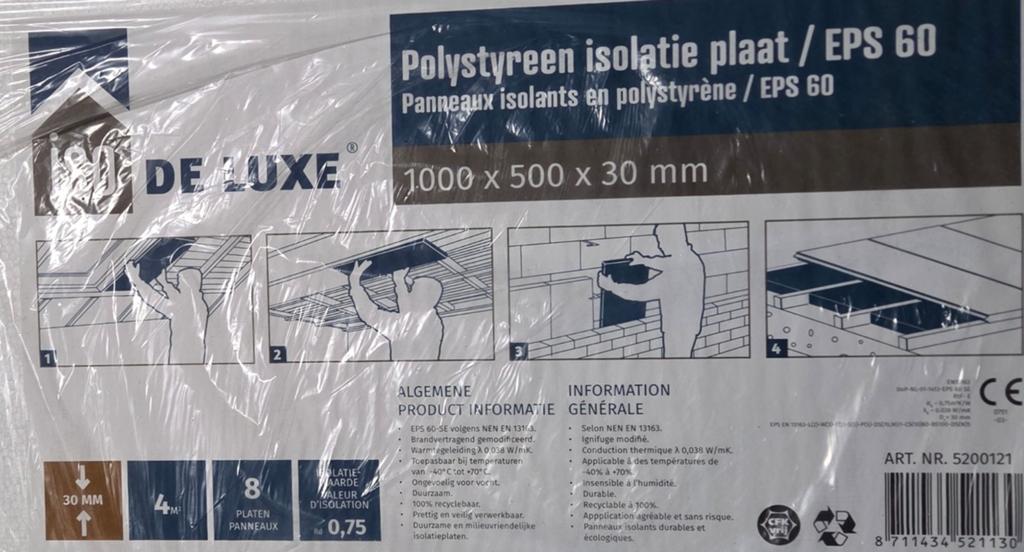 EPS 60 Polystyreen isolatieplaat 1000x500x30mm, Ophalen of Verzenden