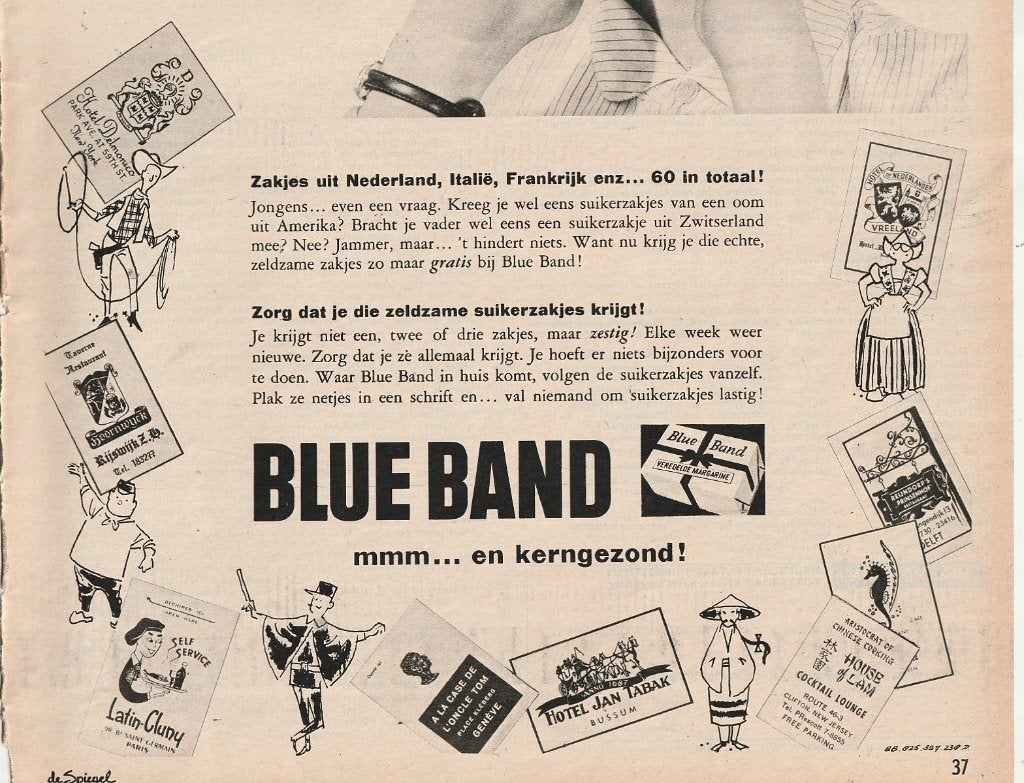 Retro reclame 1958 Blue Band sparen suikerzakjes meisje, Verzenden, Overige typen
