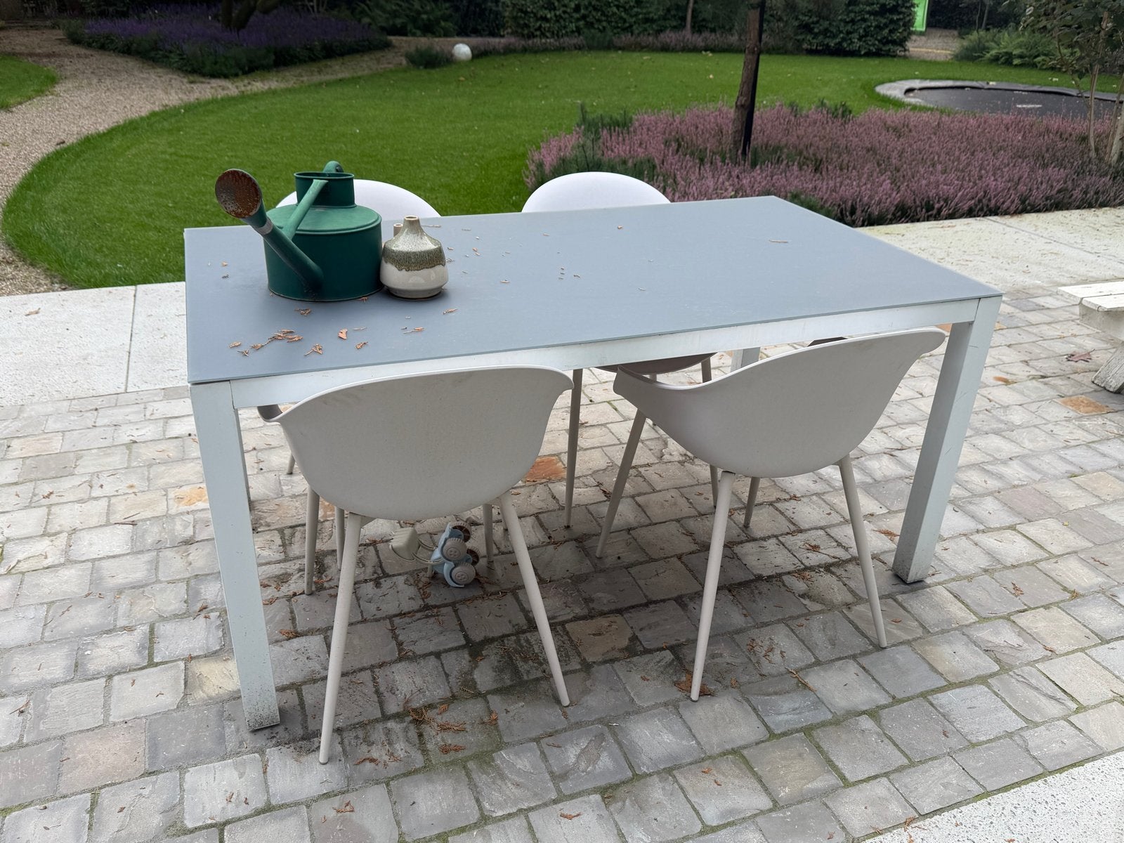 Moderne tuintafel met 4 stoelen - Grijs/Wit, Ophalen, Gebruikt, Rechthoekig, Metaal
