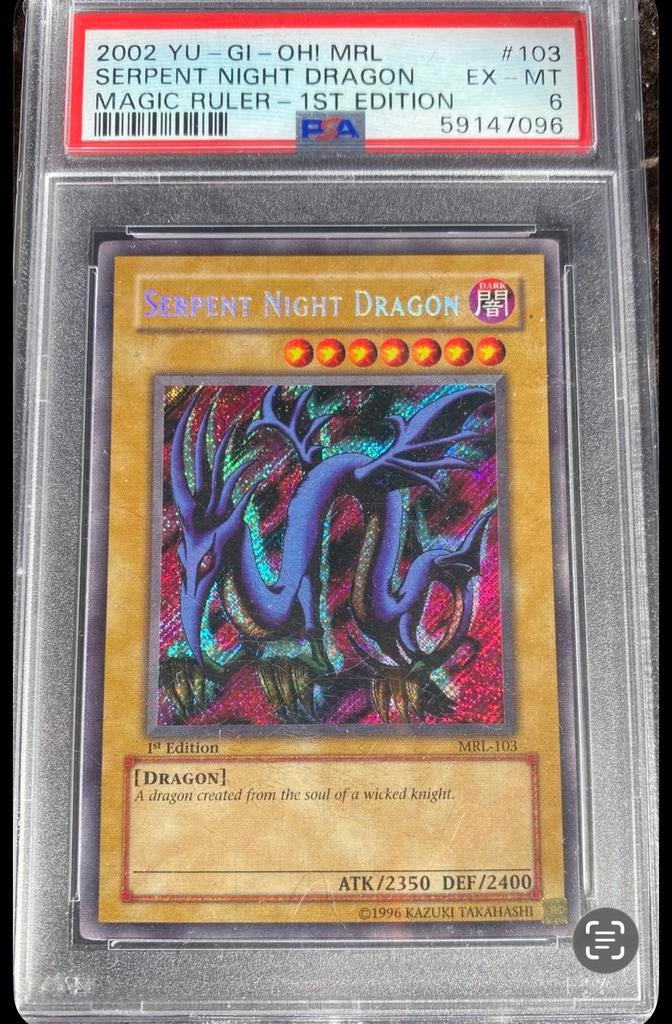 Yu-Gi-Oh! Serpent Night Dragon MRL 1st Ed PSA 6 Nm/Ex !, Ophalen of Verzenden, Zo goed als nieuw, Losse kaart, Foil