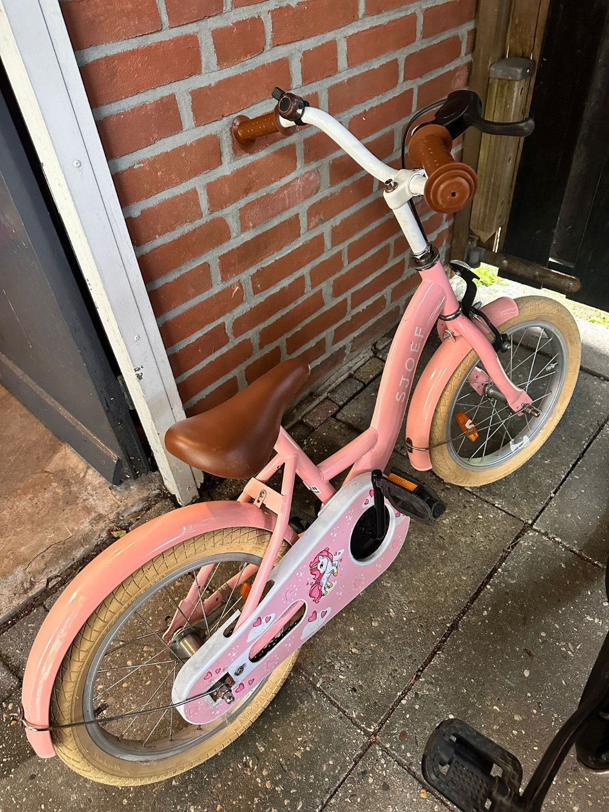 Sjoef kinderfiets roze 16 inch met zijwieltjes, Ophalen, Terugtraprem, Zijwieltjes, Sjoef