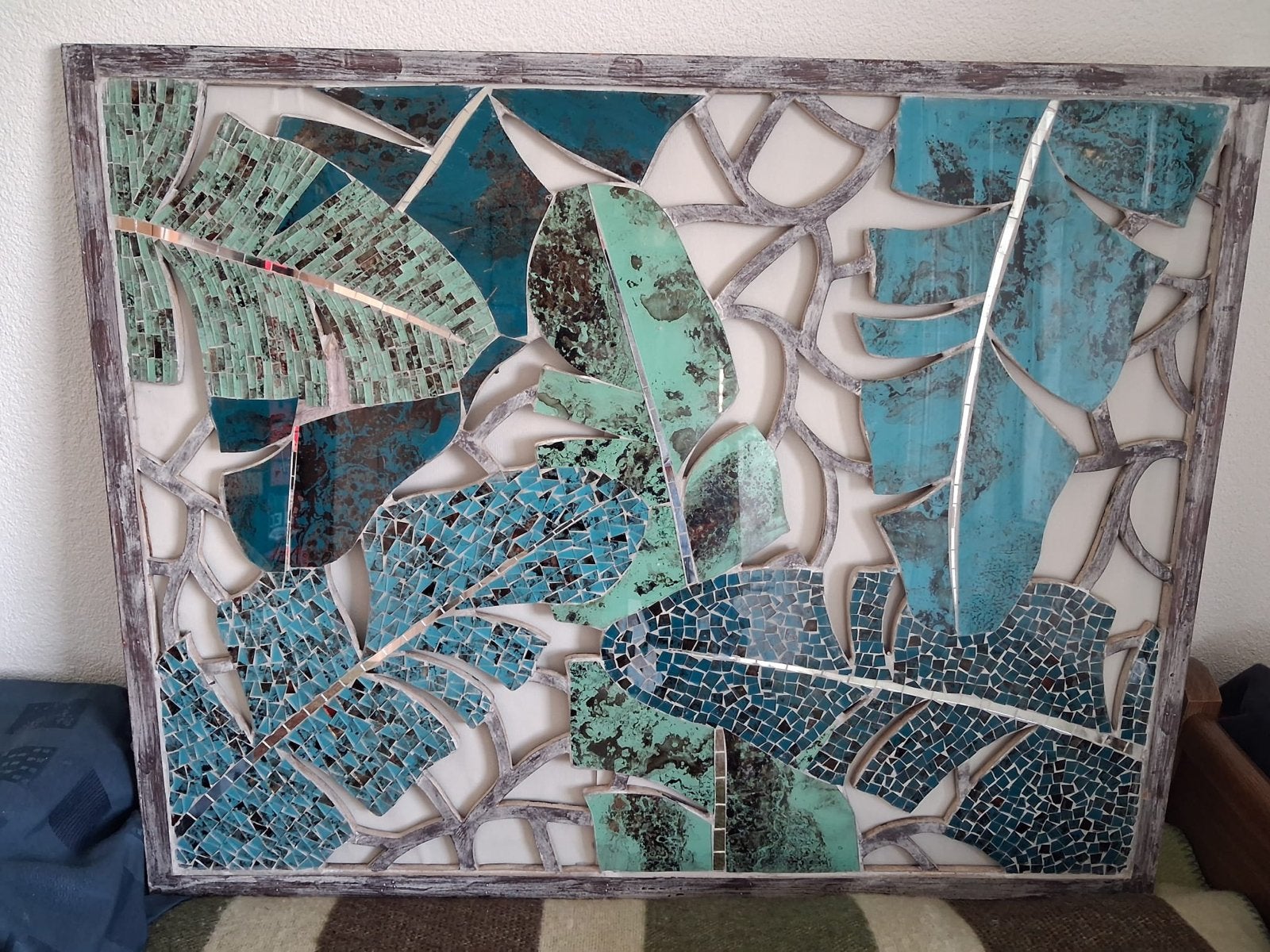Uniek mozaïek kunstwerk met tropische bladeren 95x75cm, Ophalen of Verzenden