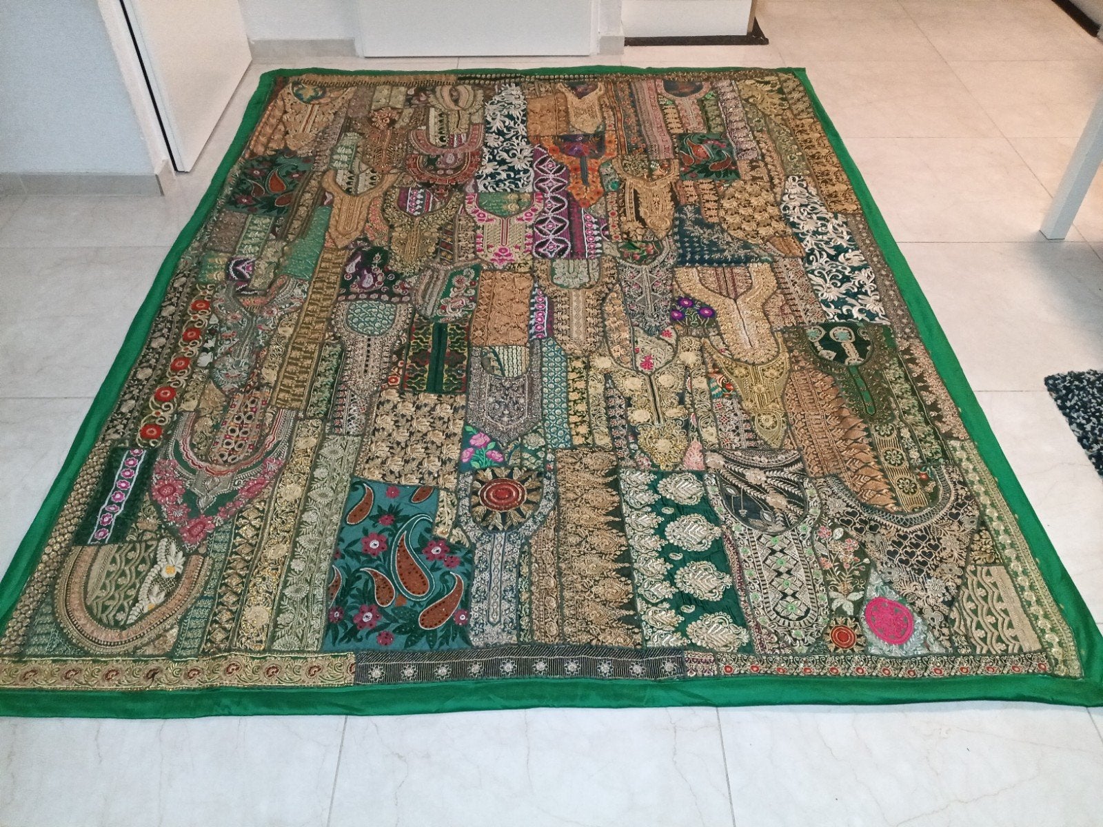 Prachtige Indiase beddensprei 190x250 cm - Handgemaakt, Groen, Ophalen of Verzenden, Rechthoekig, Nieuw
