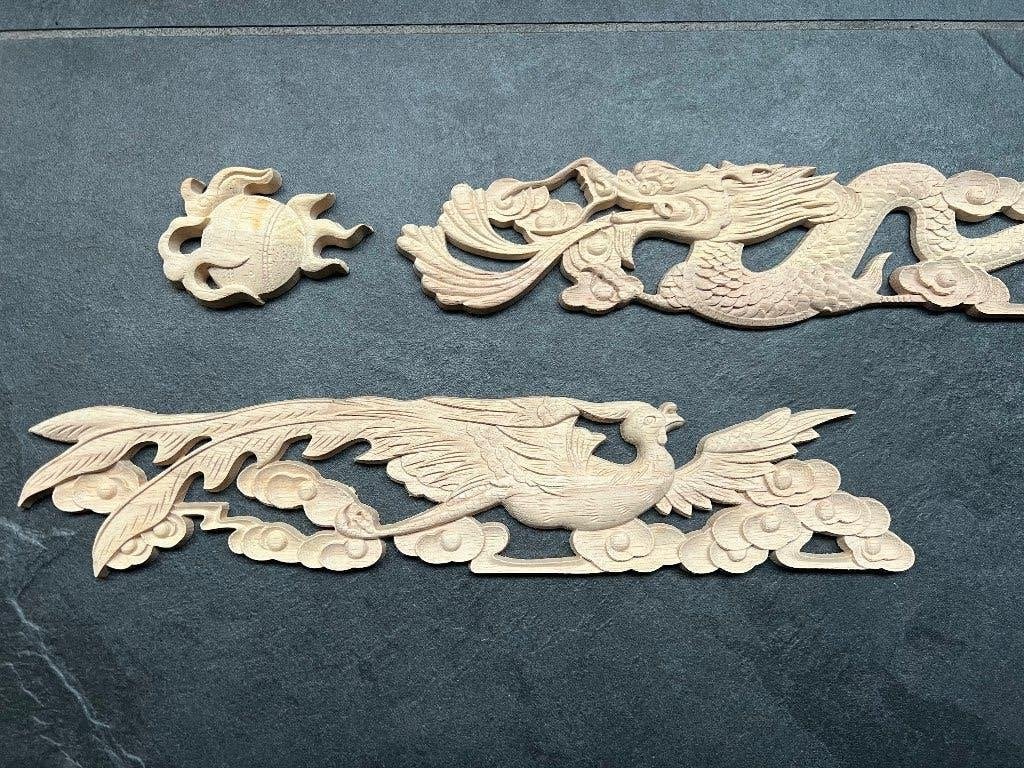 Houtsnijwerk ornament chinese draak feniks chinees phoenix, Verburgt Vintage, Oosters, 30 cm, Hout
