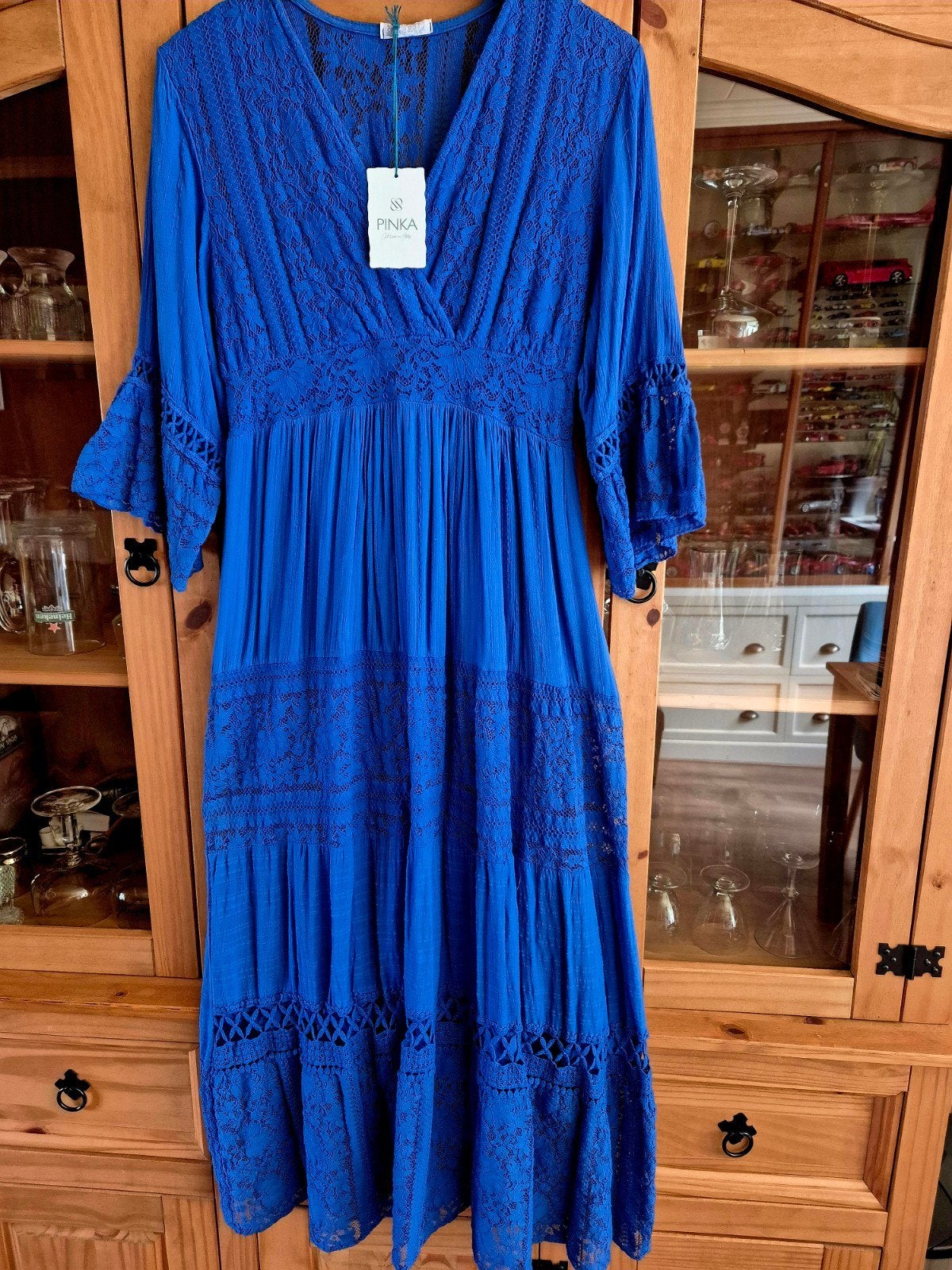 Diep blauwe kanten maxi jurk 38/40, Maat 38/40 (M), Nieuw, Onder de knie, Verzenden
